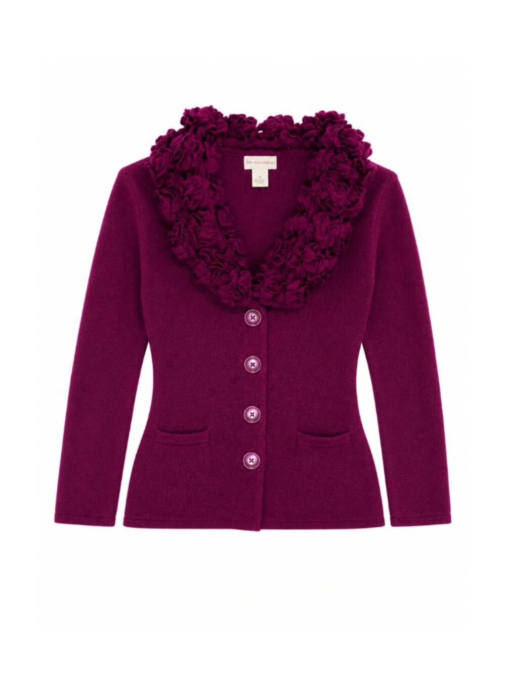 Soft Surroundings Plum Wool Cardigan with Ruffle Rosette Collar, Size XS